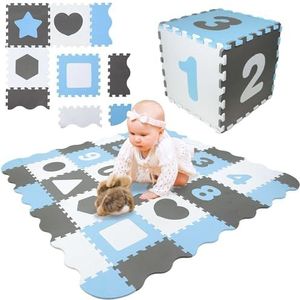 Humbi puzzelmat Eva foam voor baby's en kinderen speelmat fitnessmat beschermmat zwembadmat 31,5 x 31,5 x 1 cm 34 stuks vormen kleur (grijs, wit, blauw)