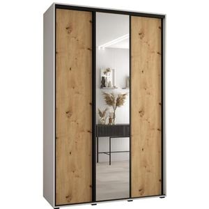 MEBLE KRYSPOL Cannes 3 Moderne Kledingkast met 3 Schuifdeuren met Bar, Planken en Spiegel - Opbergkast voor Slaapkamer, Woonkamer - 205,2x160x45 cm - Wit Artisan Zwart