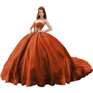 Fuomomo Quinceanera Prinsessenjurk met ruches en staart Quinceanera jurk van tule met parels schattige jurk 16 MT052, RUST, 30 NL