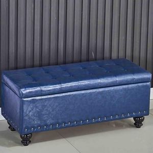 JAVYPPT Ottomans Krukken Opbergbanken Rechthoekige Opslag Voetbank Veranderen Schoenbank Opslag Bank PU Lederen Kussen Slaapkamer Bed End Kruk Klinknagel Decoratie (K Blauw, 60 * 40 * 42 cm)