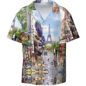 OdDdot Paris Street Scene Eiffeltoren Print Heren Jurk Shirts Atletische Slim Fit Korte Mouw Casual Business Button Down Shirt, Zwart, XL