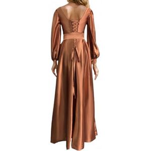 Prinses Bruidsmeisje Jurken Lange Mouw Galajurken V-hals Satijn Formele Avondfeest Maxi Jurk ZM200, koningsblauw, 32