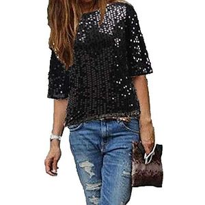 CHOSERL Zomerse topjes voor vrouwen met lovertjes en glitters, feestshirt met korte mouwen, fonkelende blouses, T-shirts, Zwart, XL