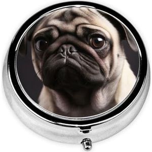 Pillendoosje met spiegel, retro pillendoosje met 3 vakken, mopshond, kleine pillenorganizer voor portemonnee of zak, decoratieve metalen medicijnen, vitamine-organizer, unieke geschenken