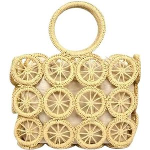 Beige Straw Bag Woven Handbags Top Handle Drawstring Purse Circle Hollow Out Beach Tote Bag Size: app. 23x30cm(9.05x11.81in)