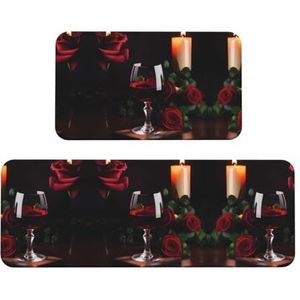 Rode wijn roos en kaars kerst keuken matten, 2 stks gewatteerde keuken matten voor vloer, antislip mat voor keuken, vloer