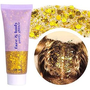 Prreal Body Glitter Gel 50ml, Mermaid Sequins Chunky Glitter Liquid Kit, Long-Lasting Glitters Powder for Festival Masquerade Birthday Makeup #Gold