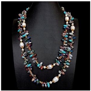 PYRJLMYQ Lange halsketting met kleurrijke kristallen, zoetwaterparels, 124 cm, Eén maat, Agaat