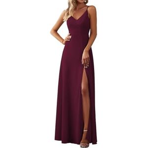 Zomerjurk met spaghettibandjes voor dames, V-hals, chiffon, formele bruiloftsjurk, bruidsmeisje, split maxi-jurk, Moerbei, 36