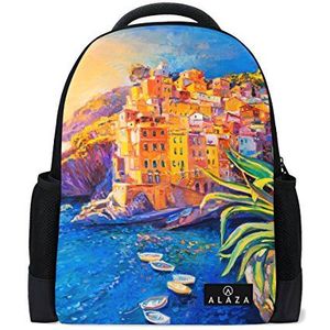 Mijn Dagelijkse Italië Huis Boot Zee Olie Schilderen Rugzak 14 Inch Laptop Daypack Bookbag voor Travel College School