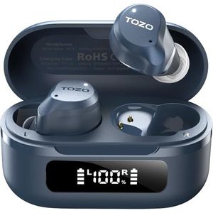 TOZO Hybride actieve ruisonderdrukking Draadloze oordopjes, 6 Mics ENC Clear Call, IPX8 Waterdicht, in Ear Bluetooth 5.3 Headphones Stereo Bass Heasets 59H Playtime met LED Display 32 EQs via APP