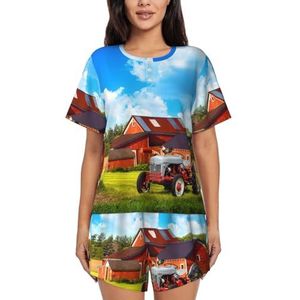 RIVETECH Bedrijf Boerderij Tractor Print Vrouwen Korte Mouwen Pyjama Set Pyjama Lounge Set Met Zakken,, Zwart, L
