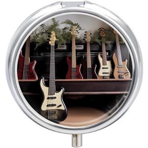 Gitaar bas muziek muziekinstrumenten pillendoos geneeskunde pil organizer 3 compartimenten dagelijkse pillendoos kleine pillencontainer ronde pillenhouder reizen pillendoos metalen pillendoos voor