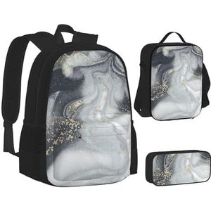 TRESILA Rugzak voor kinderen, jongens, meisjes, duurzame polyester schooltas, rugzak, boekentas met lunchtas en etui (3-in-1 rugzakset) /rood-witte paddenstoel, Grijze marmeren streep, Eén maat