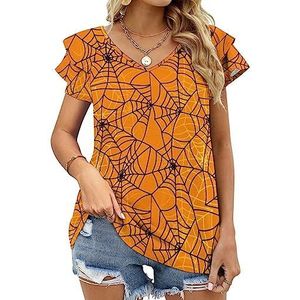 Spider's Net Patroon Dames Casual Tuniek Tops Ruches Korte Mouw T-shirts V-hals Blouse Tee