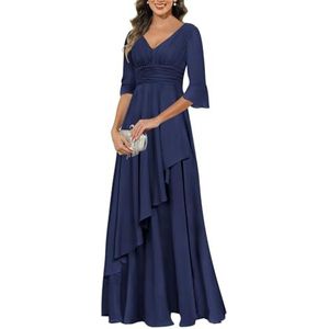 KIYNE Jurken voor dames, V-hals, moeder van de bruid met mouwen, geplooide ruches chiffon formele avondjurk, Donkerblauw, 32