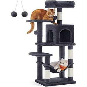 Feandrea krabpaal, 112 cm hoog, kattenboom, kattenhuis met meerdere verdiepingen, met 4 krabpalen, 2 platforms, hangmat, grot, rookgrijs PCT261G01