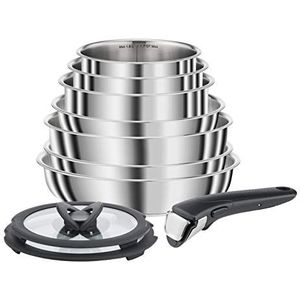 SEB 10-delige kookgerei Set Compact INOX L953SA04 Set van 10 Inductie 22/24/26 Steelpannen 16/18/20 cm Sauté Pan 24 cm Deksel 18/20 cm 1 handvat, roestvrij staal, zwart, zilver