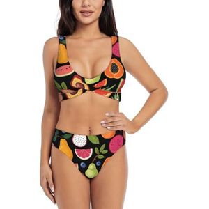 Zelinge Dames bikinisets sportief 2-delig badpak hoog getailleerd badpak S-XXL, Kleurrijke zomervruchten, S