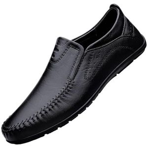 Herenloafers Leren loaferschoenen met ronde neus Lichtgewicht platte hak Antislip buiteninstapper (Color : Black, Size : 43 EU)