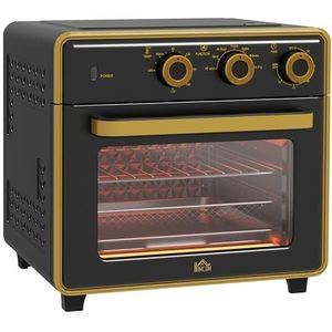 HOMCOM Minioven 20L, 5 in 1 Pizza-oven inclusief bakplaat set, frituurmand, kruimellade, 1 uur timer, 90-230℃, 1400 W Elektrische mini oven met hetelucht, Zwart
