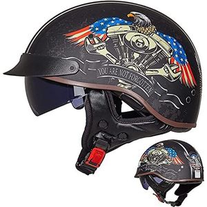 Motorhelm, Vintage motorfiets halve helm DOT/ECE goedgekeurde helmen zonneklep snelsluiting C,XXL(G,L(5758 CM))