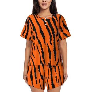RIVETECH Oranje tijger pyjama met luipaardprint voor dames met korte mouwen - comfortabele korte sets, nachtkleding met zakken, Zwart, XL