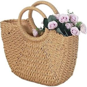 Handgemaakte handtassen voor dames, strandtas van stro voor dames, strandtas, omwikkeld, tassen met draaggreep bovenaan in maanvorm, handtassen van bast, Beige, Addstrap L, As picture