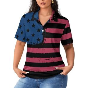Vintage Amerikaanse vlag dames poloshirts met korte mouwen casual T-shirts met kraag golfshirts sport blouses tops 2XL