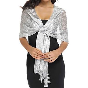 Rheane Sprankelende metallic sjaals en omslagdoeken met gesp voor avondfeestjurken, bruiloftsfeesten, B. zilver/zilver (met zilveren gesp), L