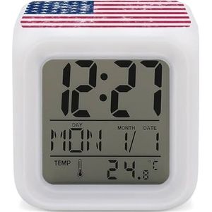 Retro USA Vlag Digitale Wekker voor Slaapkamer Datum Kalender Temperatuur 7 Kleuren LED Display