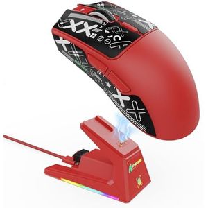 ATTACK SHARK X1 Gamingmuis met Magnetisch Oplaadstation, PixArt PAW3395PRO Gamingsensor, 40000DPI, 49g SUPERLIGHT Muis, BT/2.4G Draadloos/Bedraad, 100M Microswitches voor PC/Xbox/PS/Mac - Rood