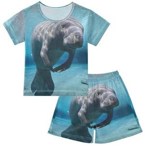 YOUJUNER Kinderpyjama-set Sea Wildlife Manatee T-shirt met korte mouwen zomer nachtkleding pyjama lounge wear nachtkleding voor jongens meisjes kinderen, Meerkleurig, 12 jaar