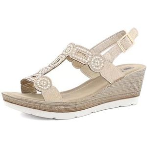 inblu Damessandalen van kunstleer met wighak en glitter, gevoerd voetbed en verstelbare riem, maat 35 tot 41, platina, maat 39 EU, Platina, 39 EU