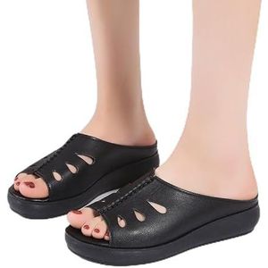 2023 Zomer Zacht Leer Moeder Sandalen Slip-On Mid-Hak Bovenkleding Vrouwen Slippers Dikke Zolen Wedge strand Slippers (Kleur : Black, Size : 36)