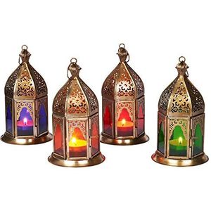Oosterse Basem lantaarns, 4-delige set, kleurrijk, 16 cm, 4 x Oosters, Marokkaans windlicht van metaal & glas in 4 kleuren, rood, paars, groen, oranje, voor buiten als tuinlantaarn