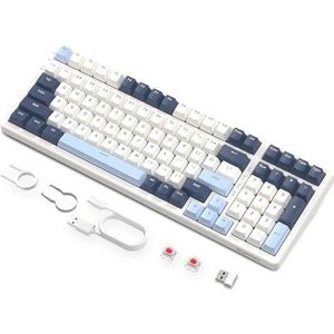 Draadloos Hotswap Mechanisch Gaming Toetsenbord, Bedraad RGB-Toetsenbord met Achtergrondverlichting, Rode Schakelaar, Bluetooth/2,4 Ghz/USB-C met 4000 mAh Batterij voor Mac/Win - Blauw/Wit