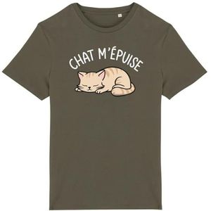T-shirt kat me uitgeput – voor heren – bedrukt in Frankrijk – 100% biologisch katoen – cadeau voor dieren voor verjaardag, origineel, grappig, kaki, XXL