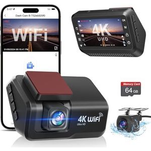 CHORTAU Dashcam auto voor en achter, 4K + 1080p dashcam auto wifi met 3 inch IPS-app met 64 GB gratis kaart, autocamera met nachtzicht, parkeermonitor, WDR
