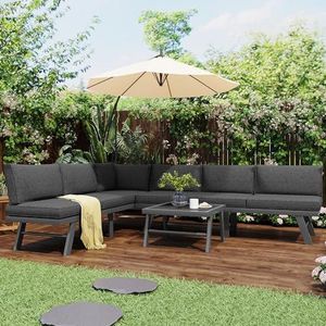 Aunlva Tuinloungeset van aluminium, tuinmeubelset, loungeset voor 5-6 personen, 2 hoekbanken, 1 tafel, bevat 7 grijze kussens, 4 grijze kussens, donkergrijs aluminium frame met beschermende poten