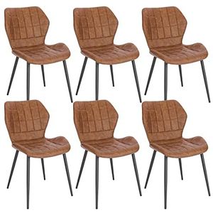 WOLTU Set van 6 eetkamerstoelen, Scandinavische stoel, keukenstoel, woonkamerstoel, gestoffeerde zitting, stoel van kunstleer, bruin, metalen poten, BH357br-6