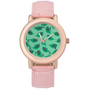 Pauw Patroon Groene Staart Vrouwen Horloge PU Band Polshorloge Quartz Roze Valentijnsdag Gift