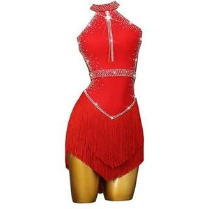 Yhwacyznm Mouwloze Latijns Amerikaanse wedstrijdkostuums voor vrouwen Professionele ballroom performancekleding Salsa dansjurken met kwastjes Rugloze tango cha cha danskleding,Rood,L