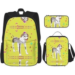 ZYVIA Cartoon Grijze en Witte Hond 3-delige Pocket Rugzak Lunch Tas en Potlood Pouch Set Sterke en Slijtvaste Grote Capaciteit voor Scholen Bergbeklimmen Training, Zwart, Eén maat