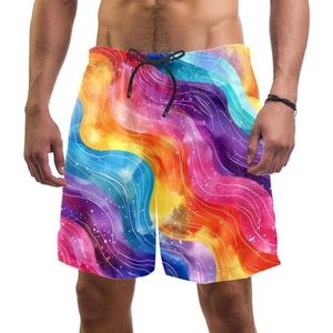 Mannen Board Shorts, Art Rainbow Aquarel Wave Sneldrogende Badmode Strand Vakantie Party Bermuda Zwemmen Grote Broek, Kunst Regenboog Aquarel Wave, XL