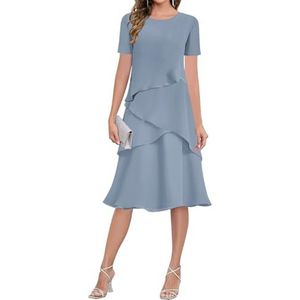 HPPEE Dames ronde hals chiffon moeder van de bruid jurken met mouwen ruches thee lengte formele avondjurk, Dusty Blauw, 36