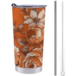 WSOIHFEC Koffiemok voor op reis, 20 oz autobeker, dubbelwandige geïsoleerde beker met deksel en rietje, oranje bloemen koffiemok roestvrij stalen reismok, morsbestendig, draagbare thermische beker