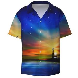 OdDdot Lighthouse Print Button Down Shirt voor heren, korte mouwen, casual shirt voor heren, zomer, zakelijk, casual overhemd, Zwart, 4XL