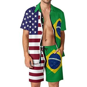 Amerikaanse en Braziliaanse vlag mannen Hawaiiaanse bijpassende set 2-delige outfits button down shirts en shorts voor strandvakantie