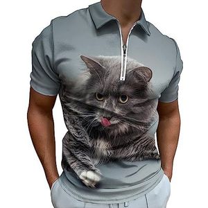 Mooie Pluizige Grijze Kat met Tong Polo Shirt voor Mannen Casual Rits Kraag T-shirts Golf Tops Slim Fit